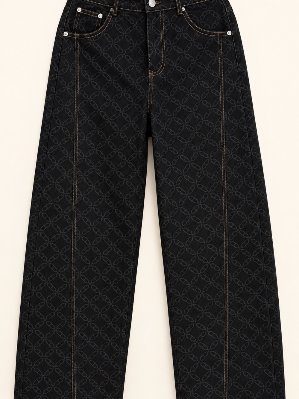 Black Wide-Leg Jeans with Subtle Geometric Pattern